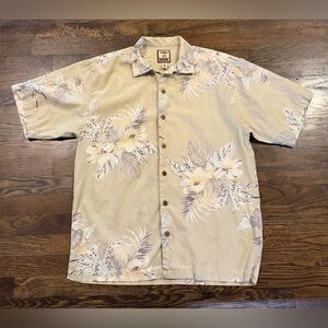 Tommy Bahama VTG Floral Embroidered Camp Shirt S Beige Tropical Button Front